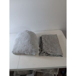 Brooklinen 100%  Linen Fitted Sheet Queen neutral gray striped + 1 case Portugal